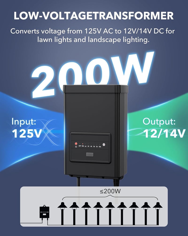 BN-LINK 200W Low Voltage Landscape Transformer with Timer and Dusk-to-Dawn Sensor, 125V AC to 12V/14V AC Converter with Short Circuit Protection, Weatherproof for Outdoor LED and Landscape Lighting - Image 2